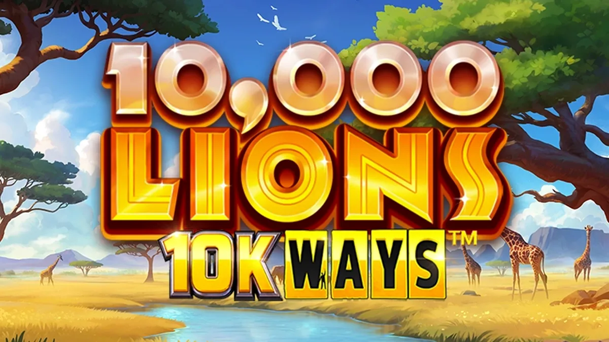 Cena vibrante e selvagem do slot 10,000 Lions 10K Ways com leões em destaque