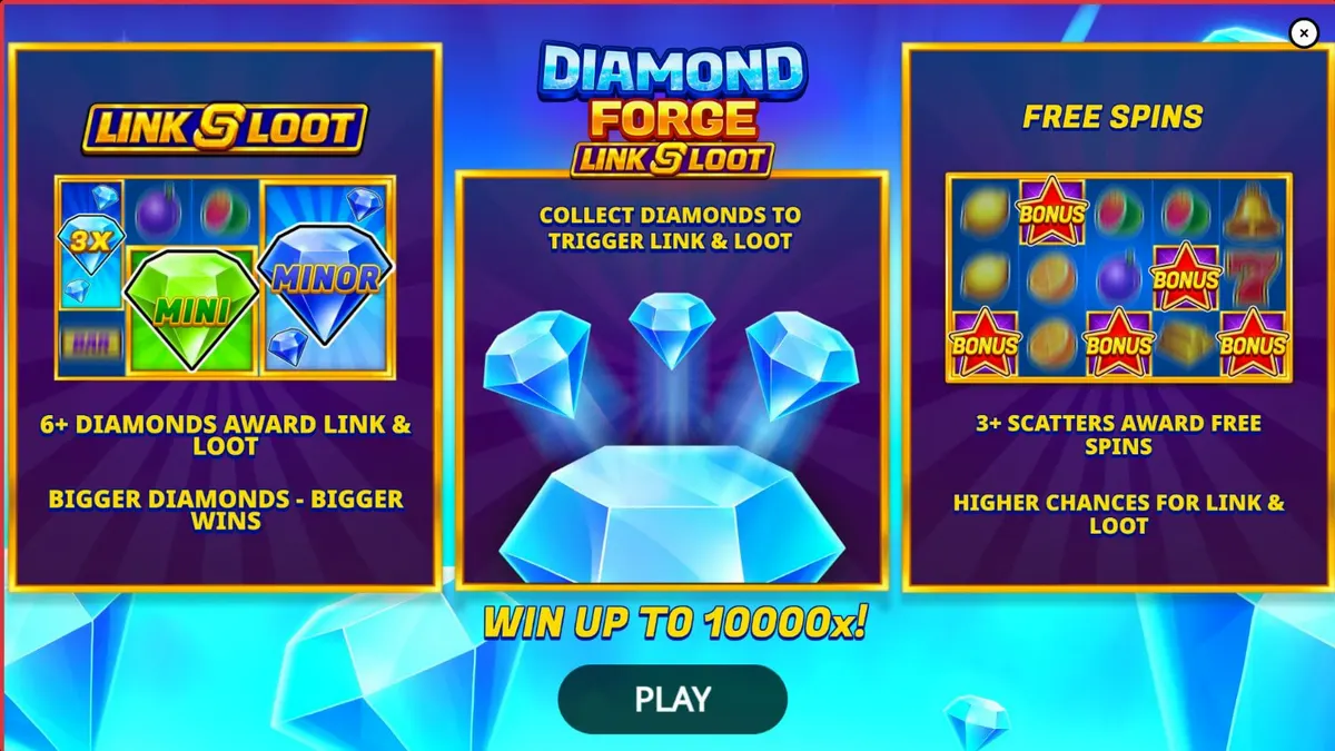 Interface do jogo Diamond Forge Link & Loot com símbolos de frutas e diamantes brilhantes