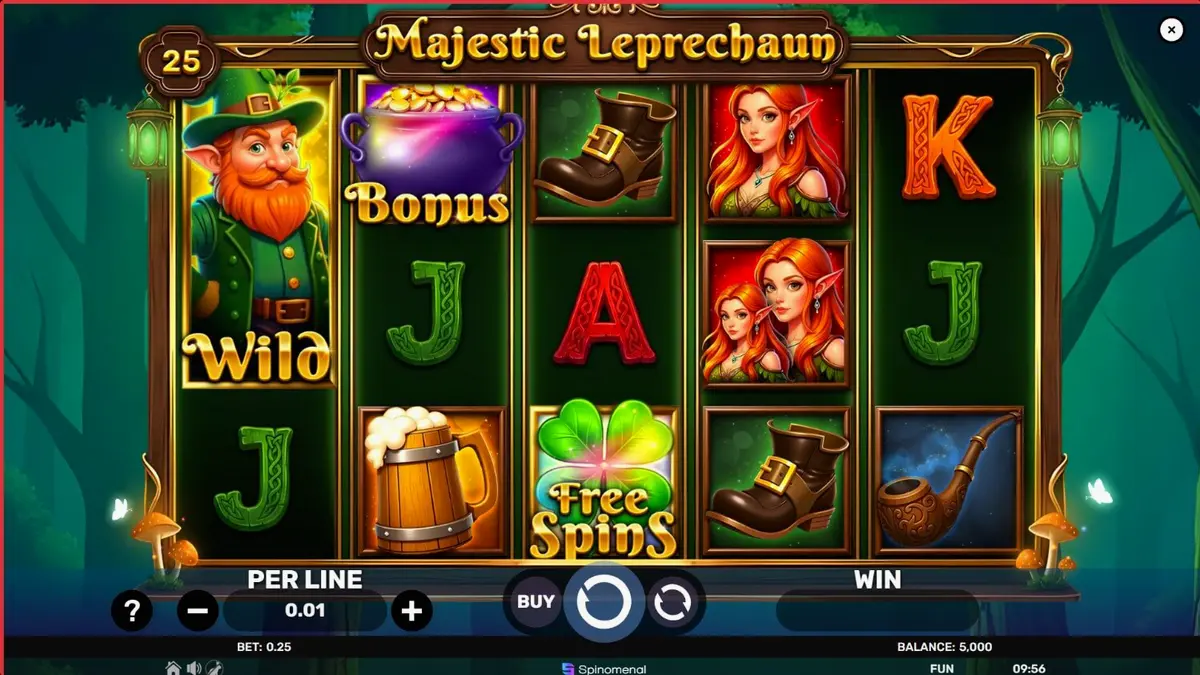 Interface do jogo Majestic Leprechaun em um dispositivo móvel