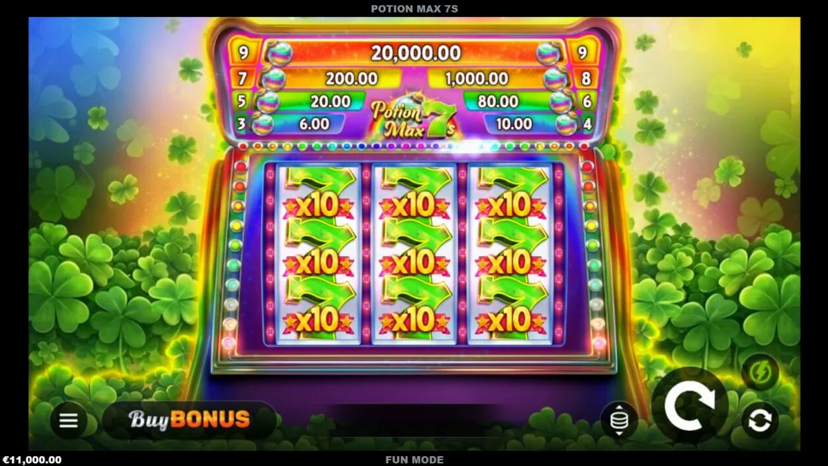 Interface do jogo de slot Potion Max 7s rodando em um smartphone moderno